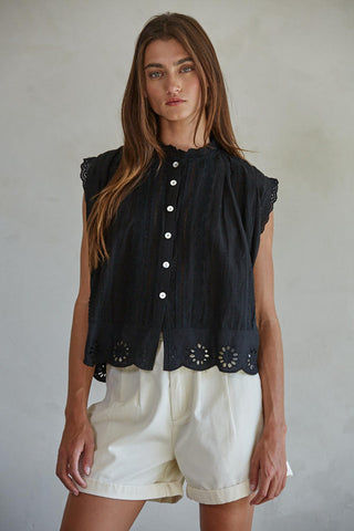 Adva Eyelet Buttondown Top in Black