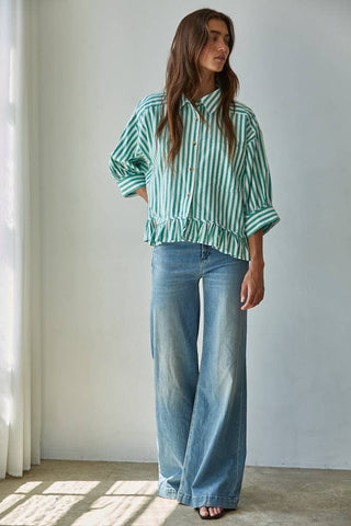 Sabrina Cotton Striped Button Down Ruffle Hem Shirt