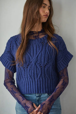 Charity Round Neck Short Sleeve Crochet Sweater Top