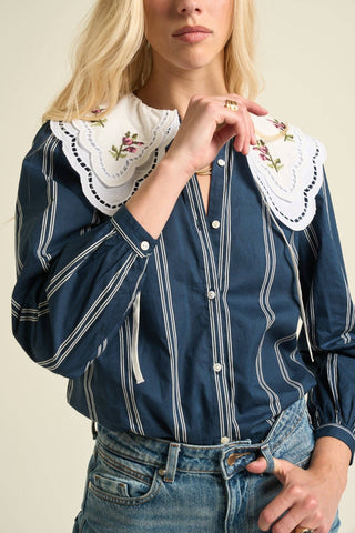 Daphne Embroidered Collar Stripe Blouse — Navy