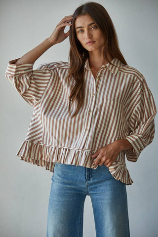 Sabrina Cotton Striped Button Down Ruffle Hem Shirt