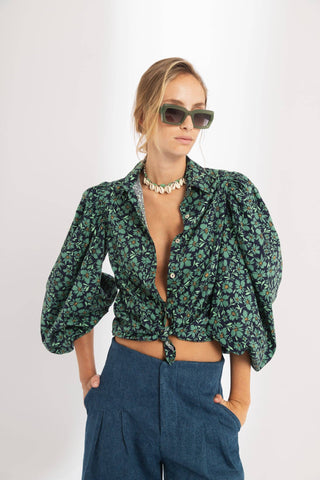 Samba Poplin Shirt - Green and Blue Ditsy Floral