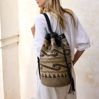 Rattan Sling Backpack - Tribal Patten Dark Leather - Large