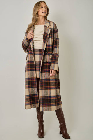 Ginger Snap Plaid Wool Blend Long Coat