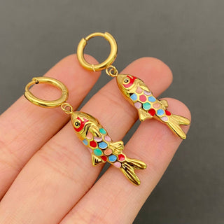 18K Gold and Colored Enamel Fish Huggie Earrings