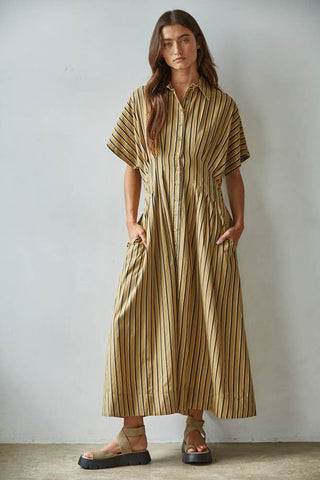 Lisa Woven Cotton Striped Collar Button-Down Flare Dress