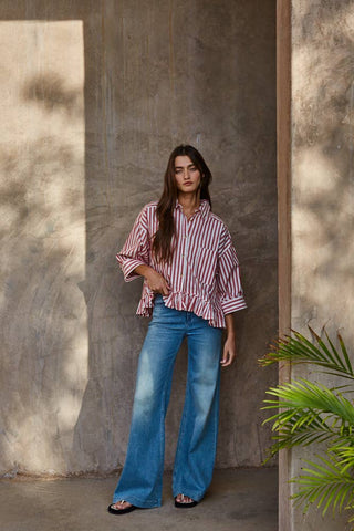 Sabrina Cotton Striped Button Down Ruffle Hem Shirt