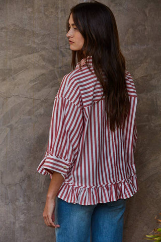 Sabrina Cotton Striped Button Down Ruffle Hem Shirt
