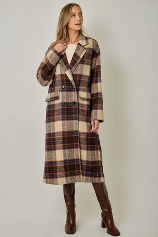 Ginger Snap Plaid Wool Blend Long Coat
