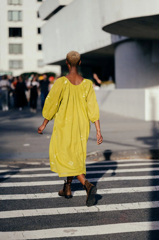 Ochre Scoop-Neck Gathered Dress