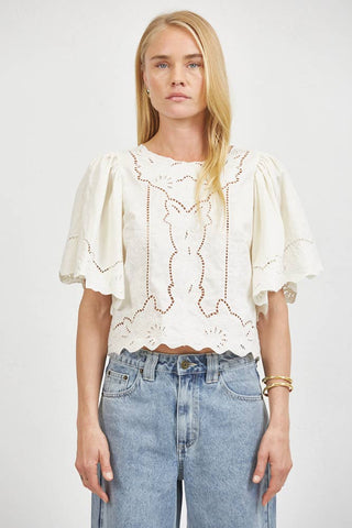 Woven Round Neck Short Sleeve Top with Back Slit