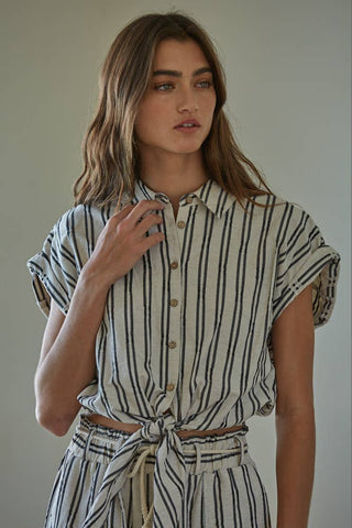 Alecia Striped Button Down Collar Neck Tie Waist Top