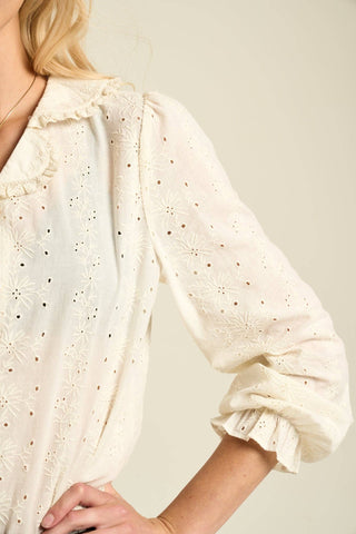 A close-up of a woman wearing a cream-colored eyelet blouse with ruffled trim and gathered sleeves, set against a plain beige background.