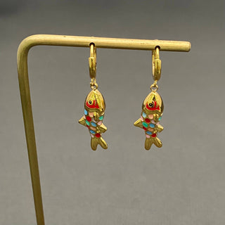 18K Gold and Colored Enamel Fish Huggie Earrings