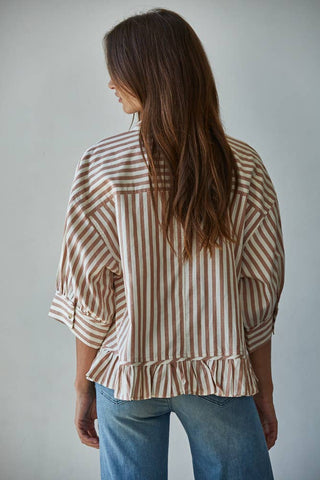 Sabrina Cotton Striped Button Down Ruffle Hem Shirt