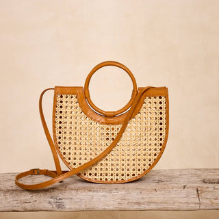 Brown Leather Square Cane Weave Rattan Handbag with Leather