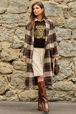 Ginger Snap Plaid Wool Blend Long Coat