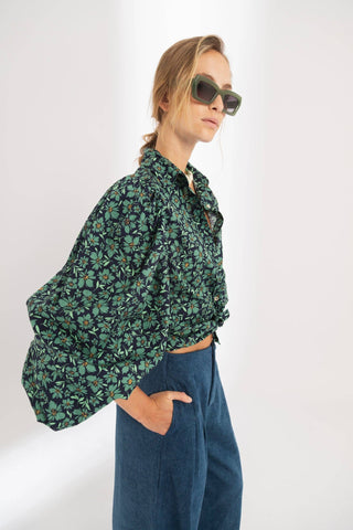 Samba Poplin Shirt - Green and Blue Ditsy Floral