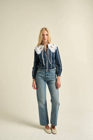 Daphne Embroidered Collar Stripe Blouse — Navy
