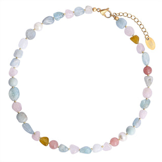 Multicolored beaded necklace with a gold clasp on a white background