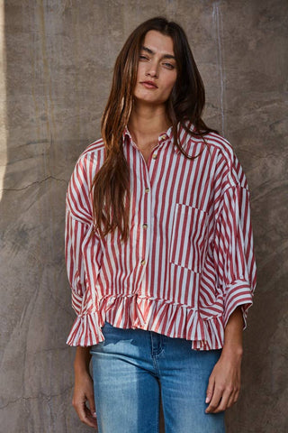 Sabrina Cotton Striped Button Down Ruffle Hem Shirt