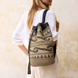 Rattan Sling Backpack - Tribal Patten Dark Leather - Large