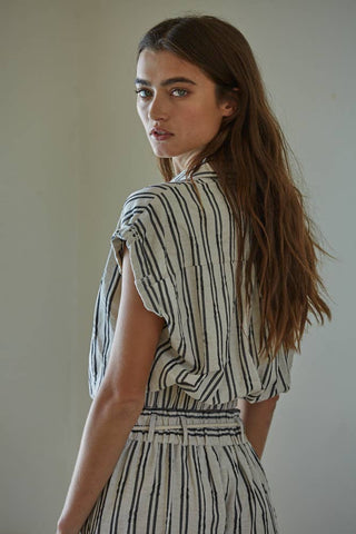 Alecia Striped Button Down Collar Neck Tie Waist Top