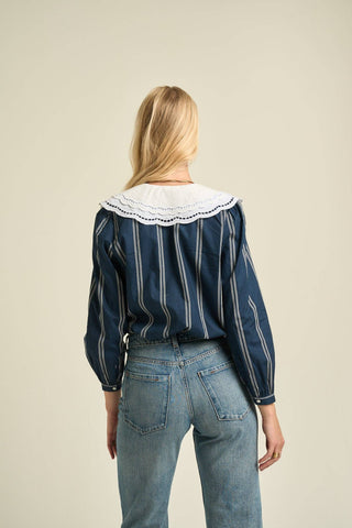 Daphne Embroidered Collar Stripe Blouse — Navy