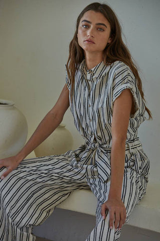 Alecia Striped Button Down Collar Neck Tie Waist Top