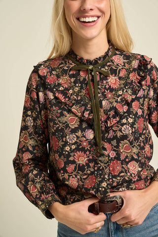 Hazel Floral Velvet-Tie Blouse — Black