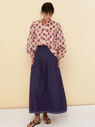 Blue Contrast Embroidered Maxi Skirt