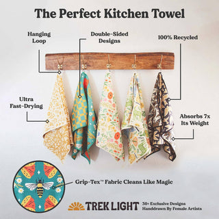 Set of colorful kitchen towels hanging on a rack with features highlighted.