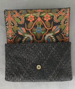 Rattan Clutch with Batik Print Lining - Brown