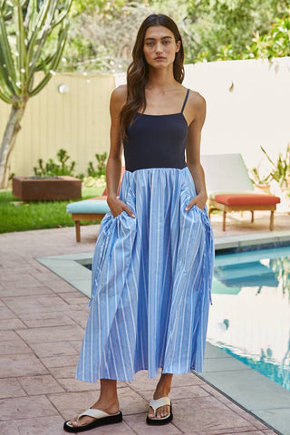 Woven Cotton Striped Skirt Knit Ribbed Bodice Dress