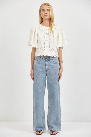 Woven Round Neck Short Sleeve Top with Back Slit