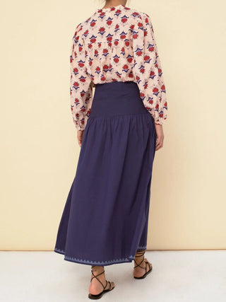 Blue Contrast Embroidered Maxi Skirt