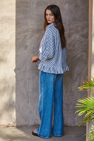 Sabrina Cotton Striped Button Down Ruffle Hem Shirt