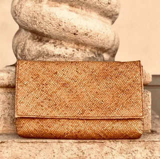 Rattan Clutch with Batik Print Lining - Brown