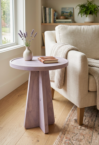 A round wooden side table with a light lavender finish and a thick blocky pedestal base, styled in a cozy living room next to a beige armchair with a knit throw blanket.