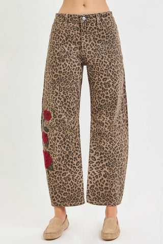 Serengeti Embroidered Leopard Barrel Jean