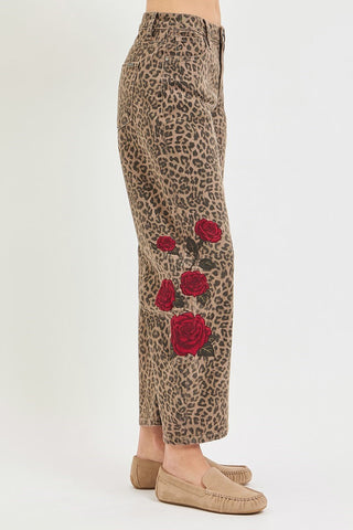 Serengeti Embroidered Leopard Barrel Jean