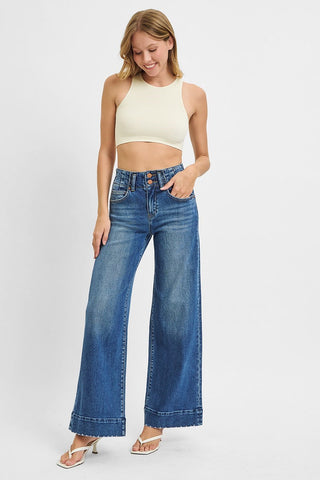 High Rise Wide Leg Seam Detail Jeans - Dark Wash