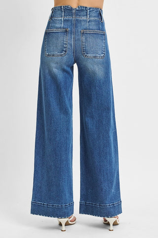 High Rise Wide Leg Seam Detail Jeans - Dark Wash