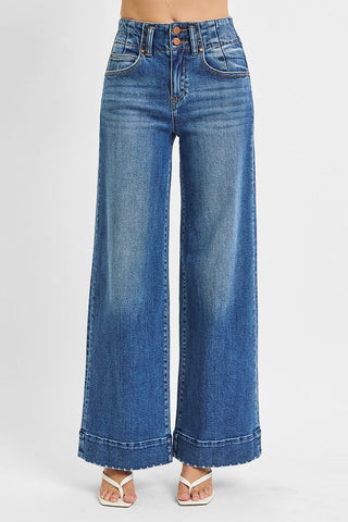 High Rise Wide Leg Seam Detail Jeans - Dark Wash