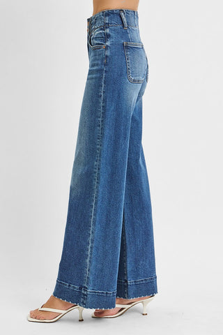 High Rise Wide Leg Seam Detail Jeans - Dark Wash