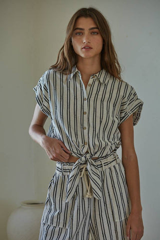 Alecia Striped Button Down Collar Neck Tie Waist Top