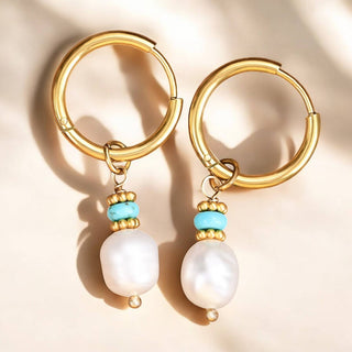 Golden Grace Pearl & Turquoise Agate Hoop Earrings