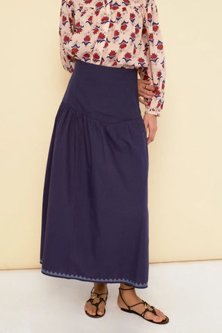 Blue Contrast Embroidered Maxi Skirt