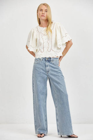 Woven Round Neck Short Sleeve Top with Back Slit
