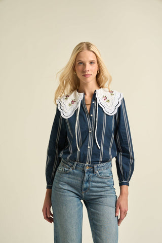 Daphne Embroidered Collar Stripe Blouse — Navy